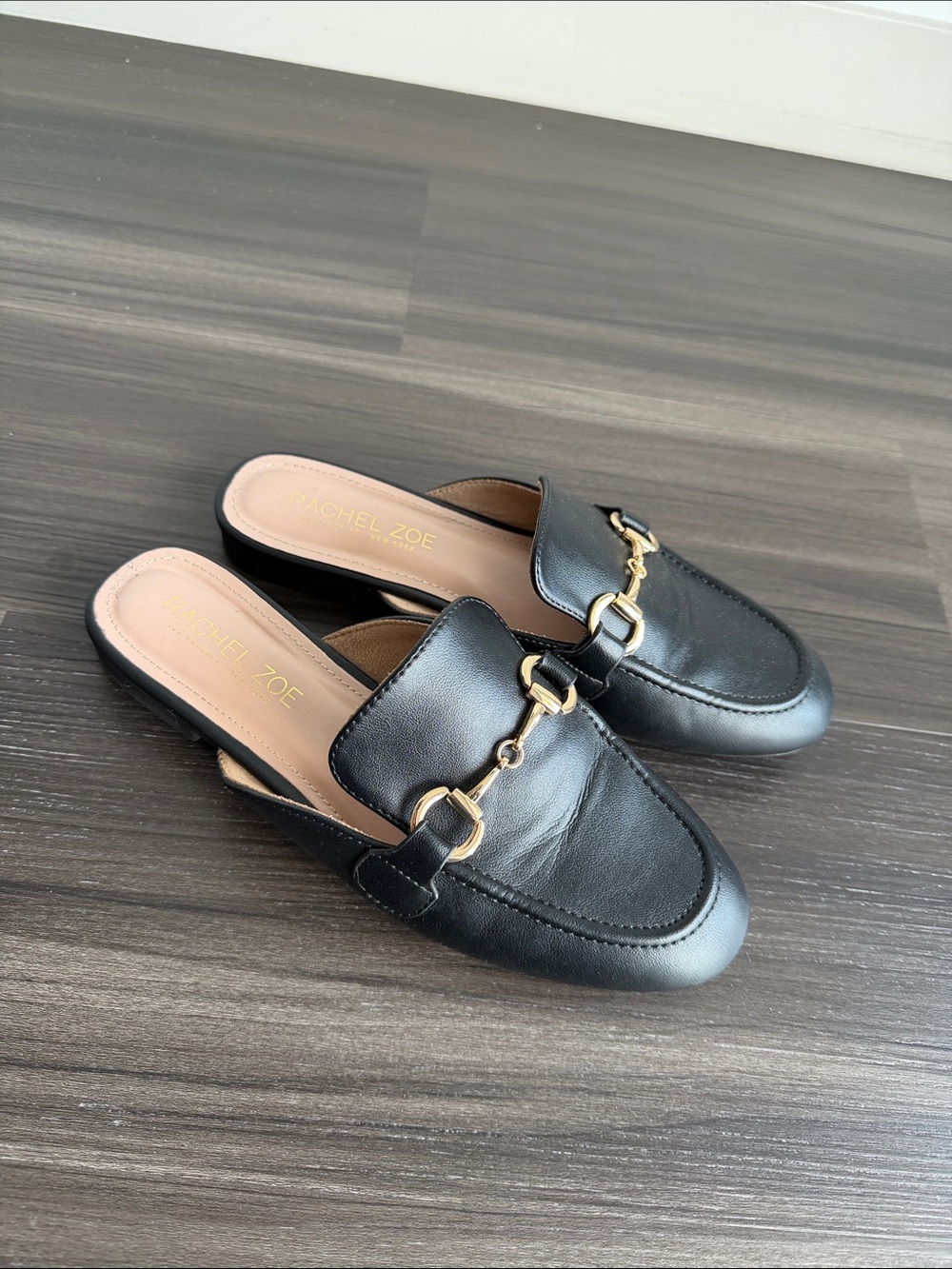 Rachel Zoe Black Leather Slip-On Mules with Gold Bit